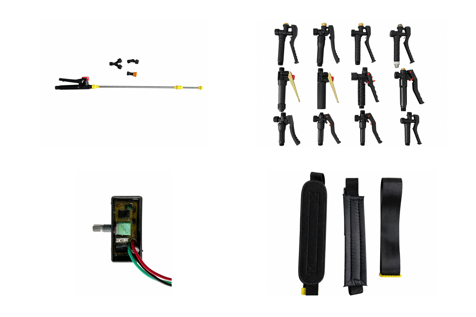 Spray wands, trigger handles, controller, and straps
