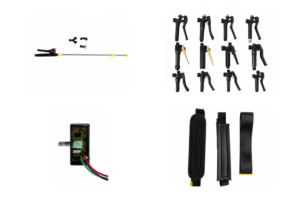 Spray wands, trigger handles, controller, and straps